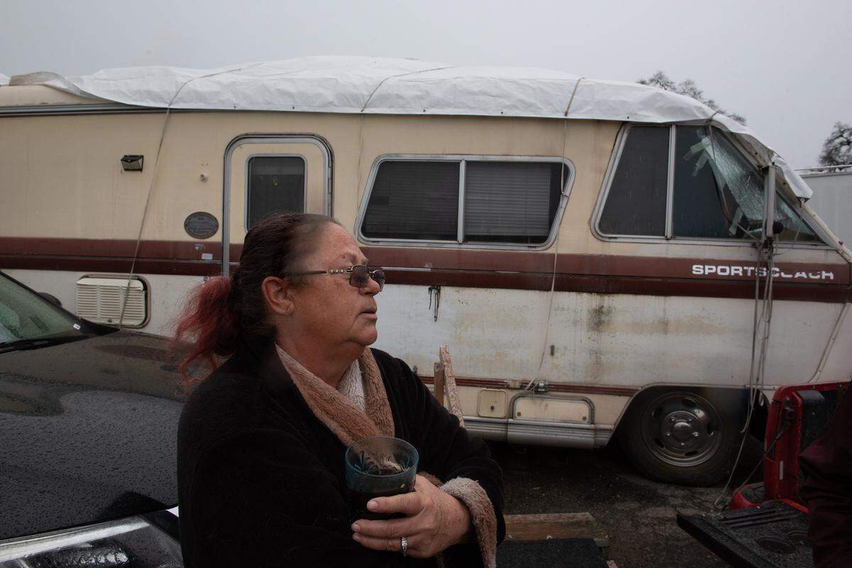 Catfish Camp RV park resident and manager Danita Corley moved her RV up to Crows Landing Road as the San Joaquin River threatens to flood the park north of Newman, Calif., Wednesday, Jan. 11, 2023.