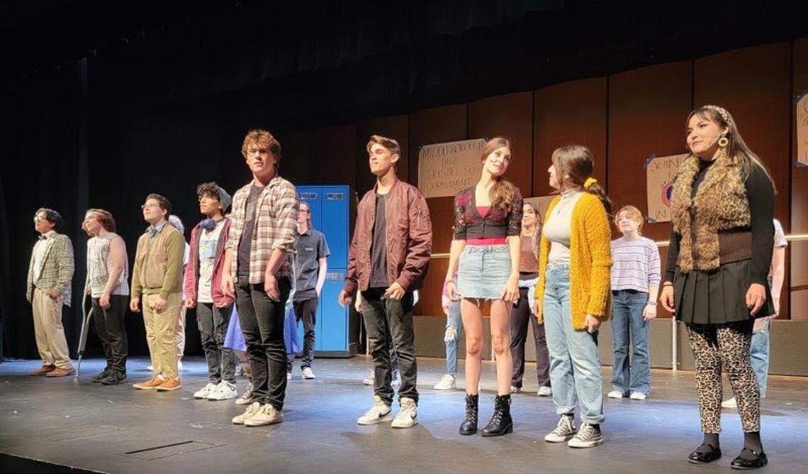 The Turlock High School cast of “Be More Chill” performs during an April 9, 2022, family-only showing. The musical, scheduled to run April 7-10, was canceled after concerns arose about mature content.