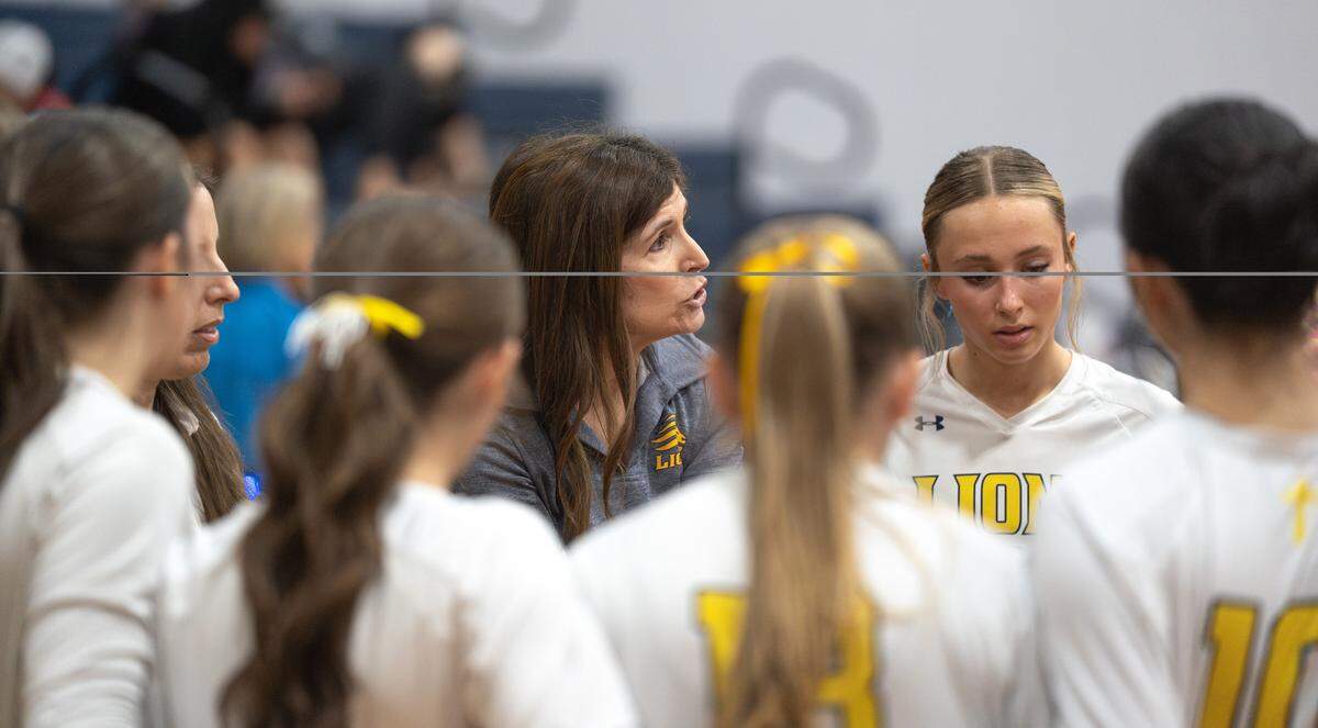 Big Valley Christian head coach Michelle Camoirano talks in a timeout during the CIF Division VI Northern California regional semifinals against Etna in Modesto on Saturday, Nov. 15, 2025.