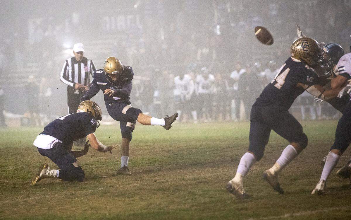Central Catholic’s Anthony Wildenberg kicks field goal during the CIF Division II Northern California Regional Championship game with Bullard (Fresno) at Central Catholic High School in Modesto, Calif., Dec. 3, 2021.