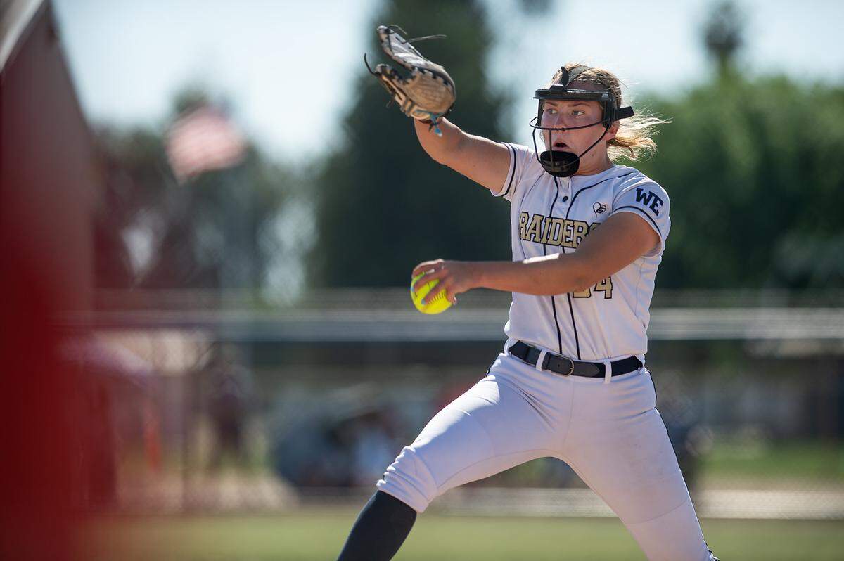 Central Catholic’s Randi Roelling delivers a pitch during the CIF Sac-Joaquin Section Softball semifinal playoff game with Oakdale at Central Catholic High School in Modesto Calif., on Tuesday, May 24, 2022. Central won the game 3-1.