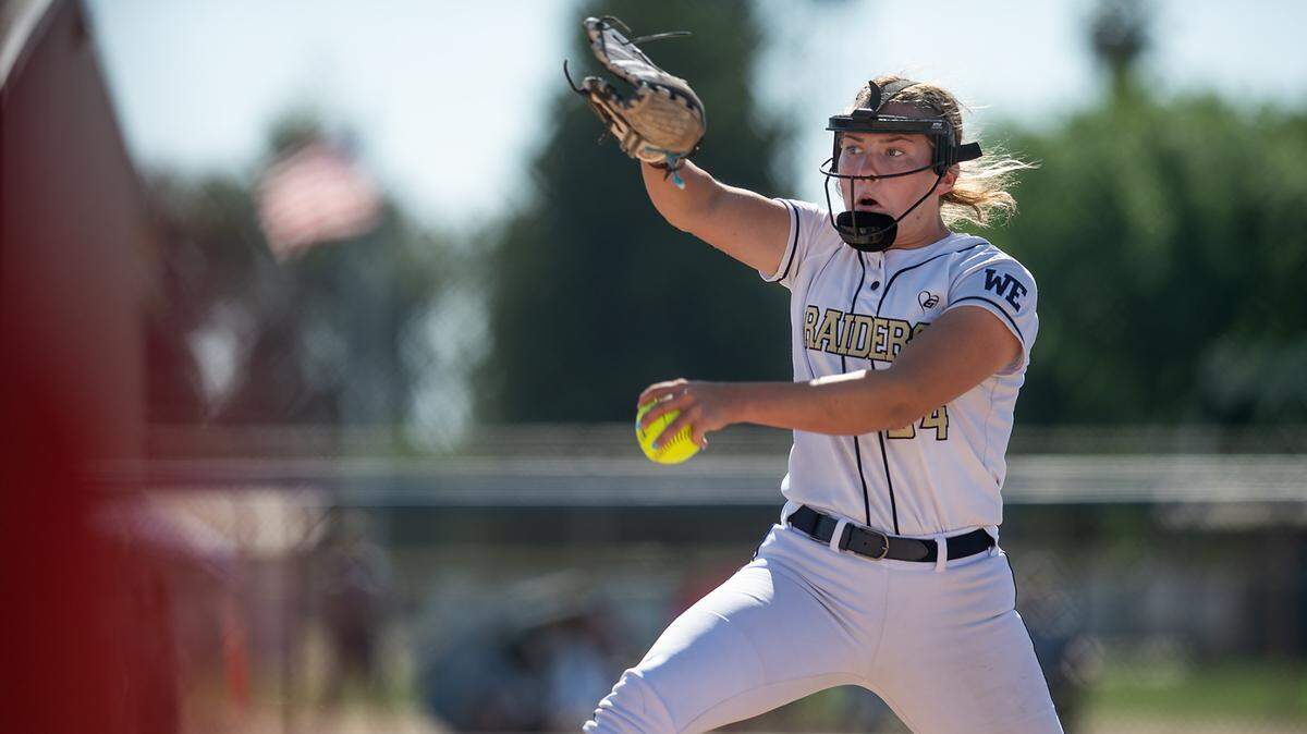 Central Catholic’s Randi Roelling delivers a pitch during the CIF Sac-Joaquin Section Softball semifinal playoff game with Oakdale at Central Catholic High School in Modesto Calif., on Tuesday, May 24, 2022. Central won the game 3-1.
