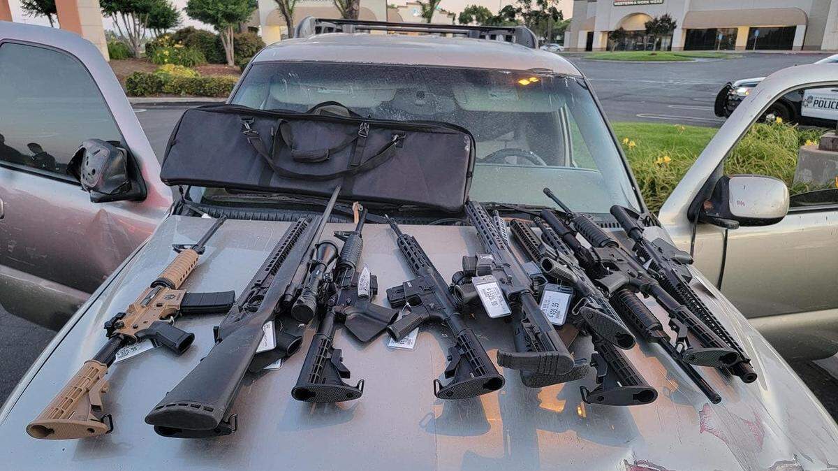 Rifles stolen from Turner’s Outdoorsman on Plaza Parkway in Modesto are pictured after their recovery by police on Sunday morning, June 19, 2022.