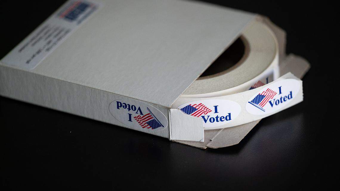 “I voted” stickers at a voting center in Modesto in June 2022. A proposed constitutional amendment would allow imprisoned Californians to vote.