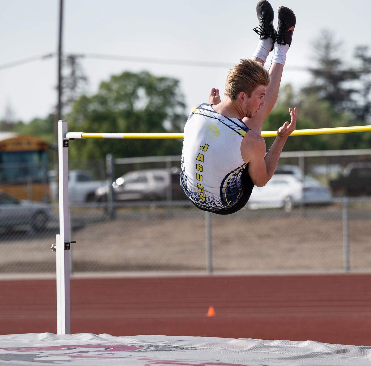 Gregori jumper Jake McBay clears the 6-foot mark in the high jump at the Stanislaus County Championships on Friday, March 18, 2022, at Riverbank High School in Riverbank, Calif. McBay won the event.