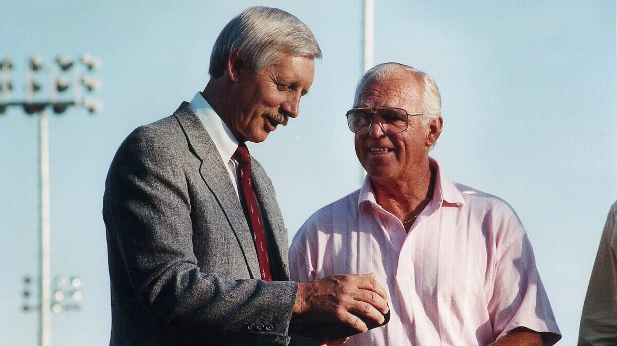June 10, 1991 File Photo copy scan. Joe Rudi and Jerry Streeter, Joe Rudi Day.