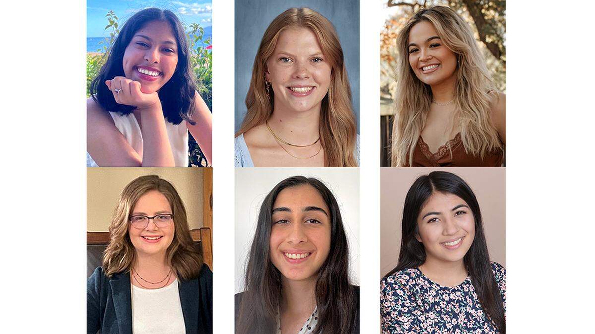 From the top left, Divya Katyal, Madeline Van Diepen, Makeila Wilson, Morgan Haydock, Rana Banankhah and Jasmine Cisneros received an Outstanding Young Women award from the Stanislaus County Commission for Women in March 2022.
