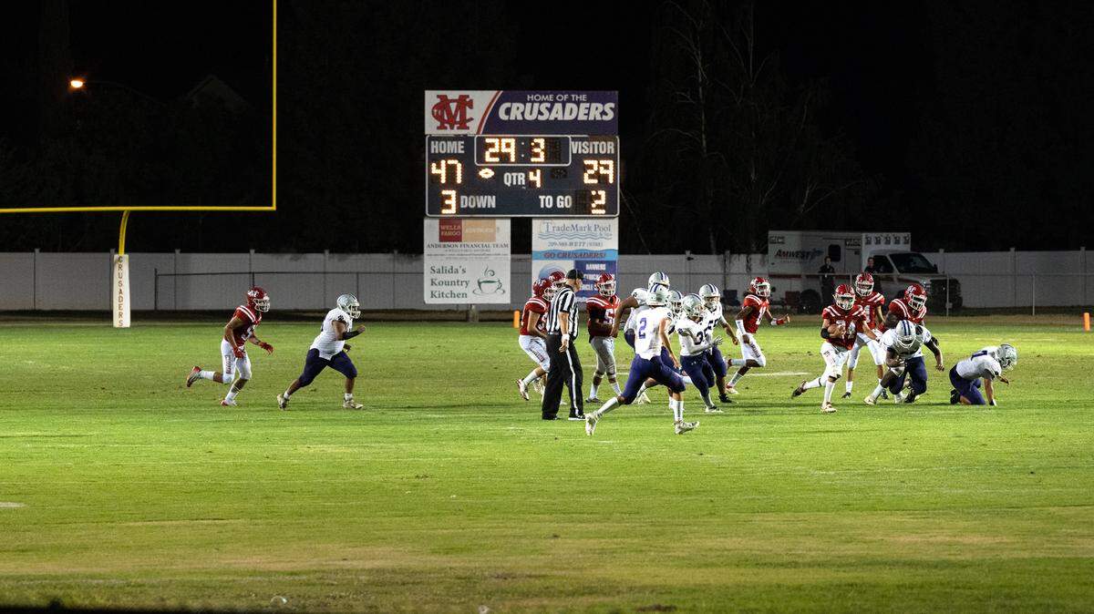 Final seconds tick off at the end of the Modesto Christian and Denair game at Modesto Christian High School in Salida, Calif., on Friday, August 26, 2022.