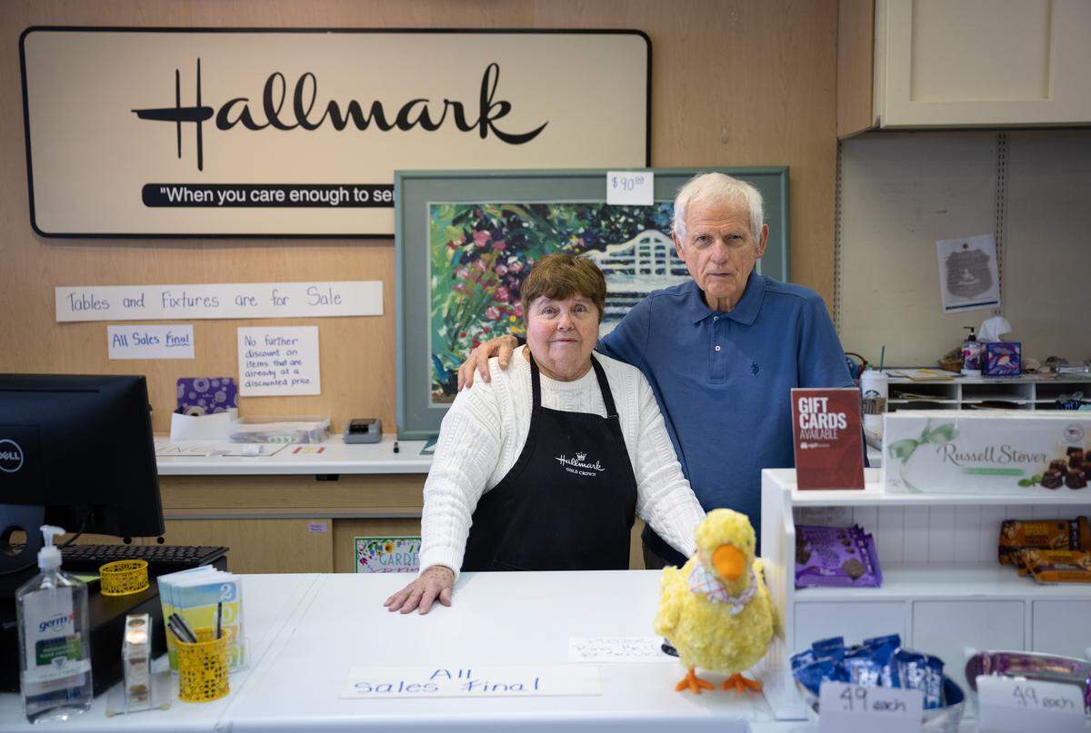 Owners Norm and Connie VanHorne at Marcy’s Hallmark Shop in McHenry Village in Modesto, Thursday, March, 20, 2025. The VanHorne’s have operated the gift store for over 30 years and closing the store due to a decline in sales.