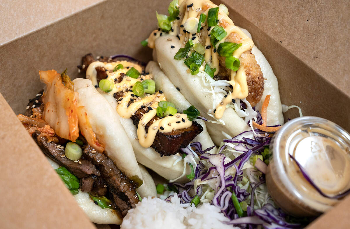 From the left, Korean BBQ bao, roasted pork belly bao, and Yoshi’s ginger chicken bao at East Meats West an Oakdale based Asian and American food truck.