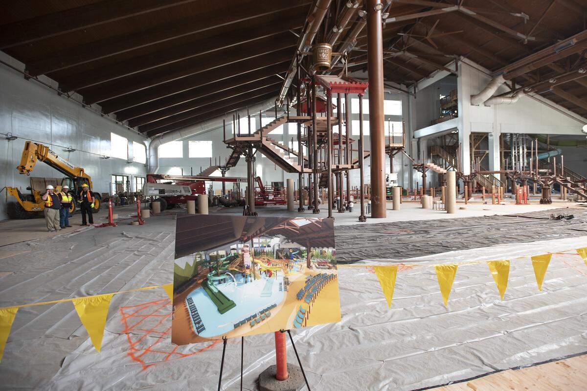 A crew works on in what will be the 95,000 sq ft. water park at the Great Wolf Lodge in Manteca, Calif., on Wednesday, March. 4, 2020.