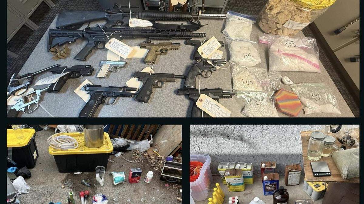 Seized firearms, narcotics and ammunition are displayed after a Modesto Police Department raid Tuesday that uncovered meth and DMT labs inside a Modesto home.