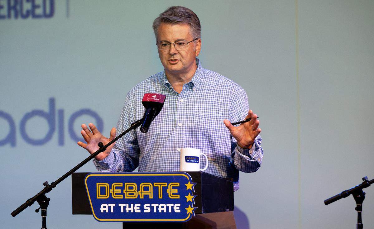 Candidates John Duarte answer questions during the California Congressional District 13 debate at the State Theatre in Modesto, Friday, Oct. 25, 2024.