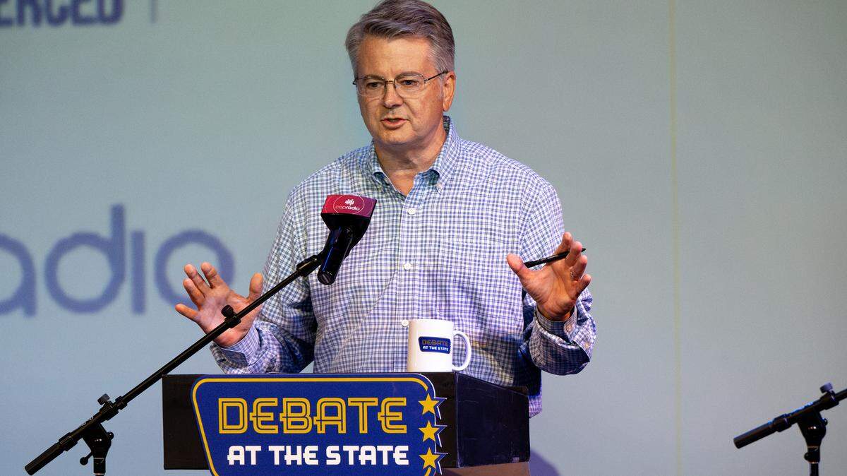 Candidates John Duarte answer questions during a California Congressional District 13 debate at the State Theatre in Modesto, Friday, Oct. 25, 2024.