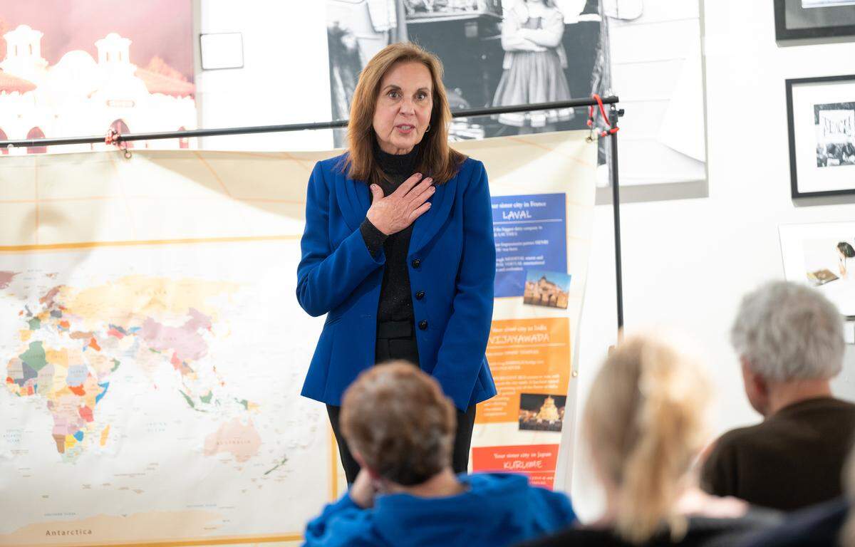 Solange Altman speaks during a reception for a Ukrainian delegation hosted by the Modesto Sister Cities International at the Mistlin Gallery in Modesto, Calif., Thursday, Feb. 1, 2024. 