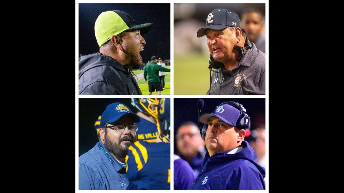 These four Modesto coaches led their teams to league titles: From top left and clockwise, Davis High’s Tim Garcia, Central Catholic’s Roger Canepa, Big Valley Christian’s Brian Berkefeld and Downey’s Jeremy Plaa.