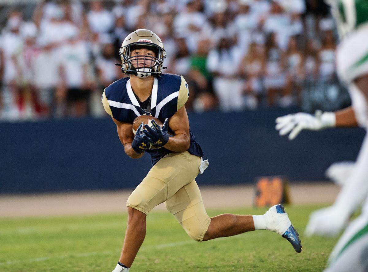 Central Catholic receiver Trace Hernandez makes a touchdown catch during the non-league game with St. Mary’s at Central Catholic High School in Modesto, Calif., on Friday, September 2, 2022.