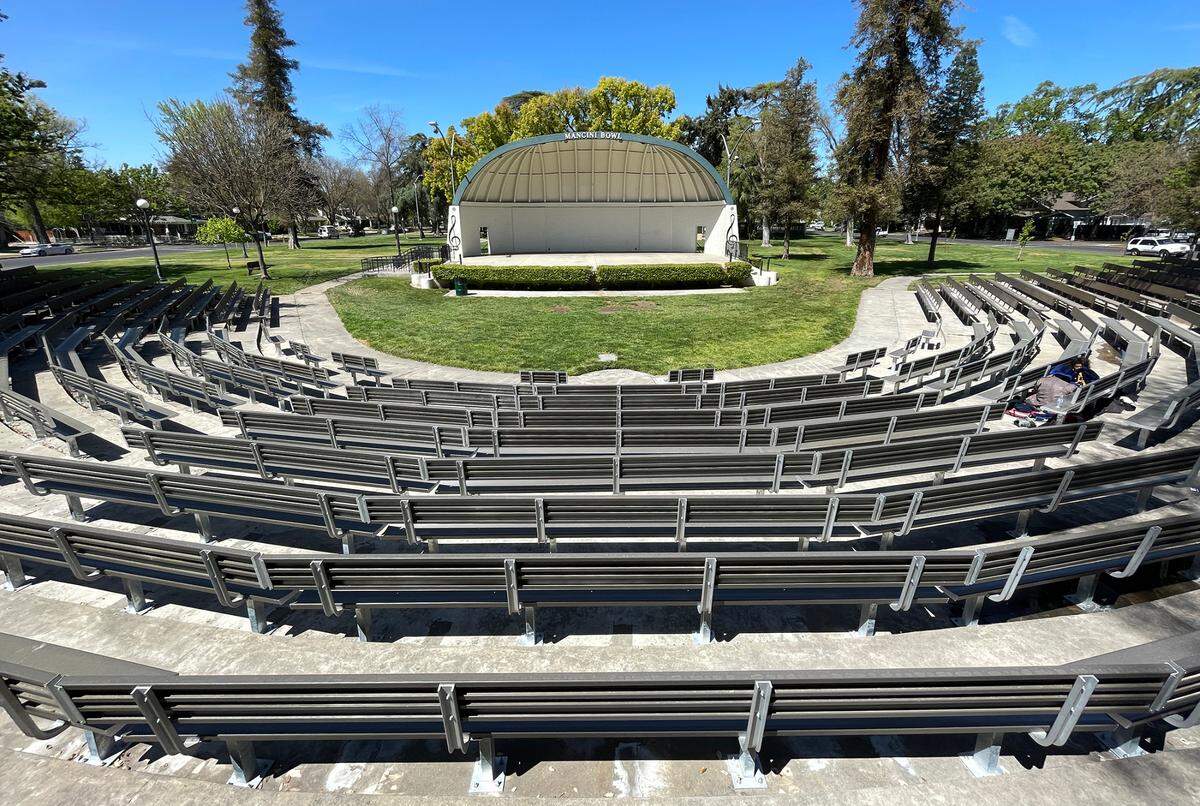 Installation of new bleachers has been completed at Mancini Bowl at Graceada Park in Modesto, Calif., Thursday, April 20, 2023.