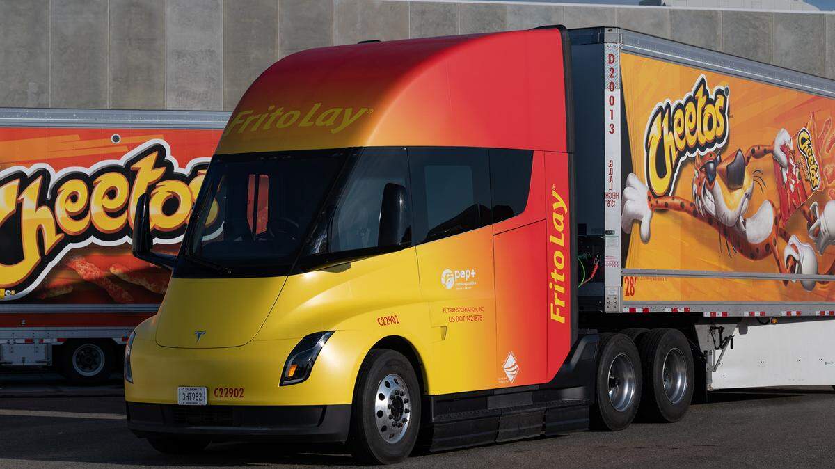 Frito-Lay shows off a Tesla electric semi truck at its Modesto production facility in January. Frito-Lay introduced the trucks and the company’s other zero or near-zero emissions vehicles as part of its sustainability project at the Modesto plant.