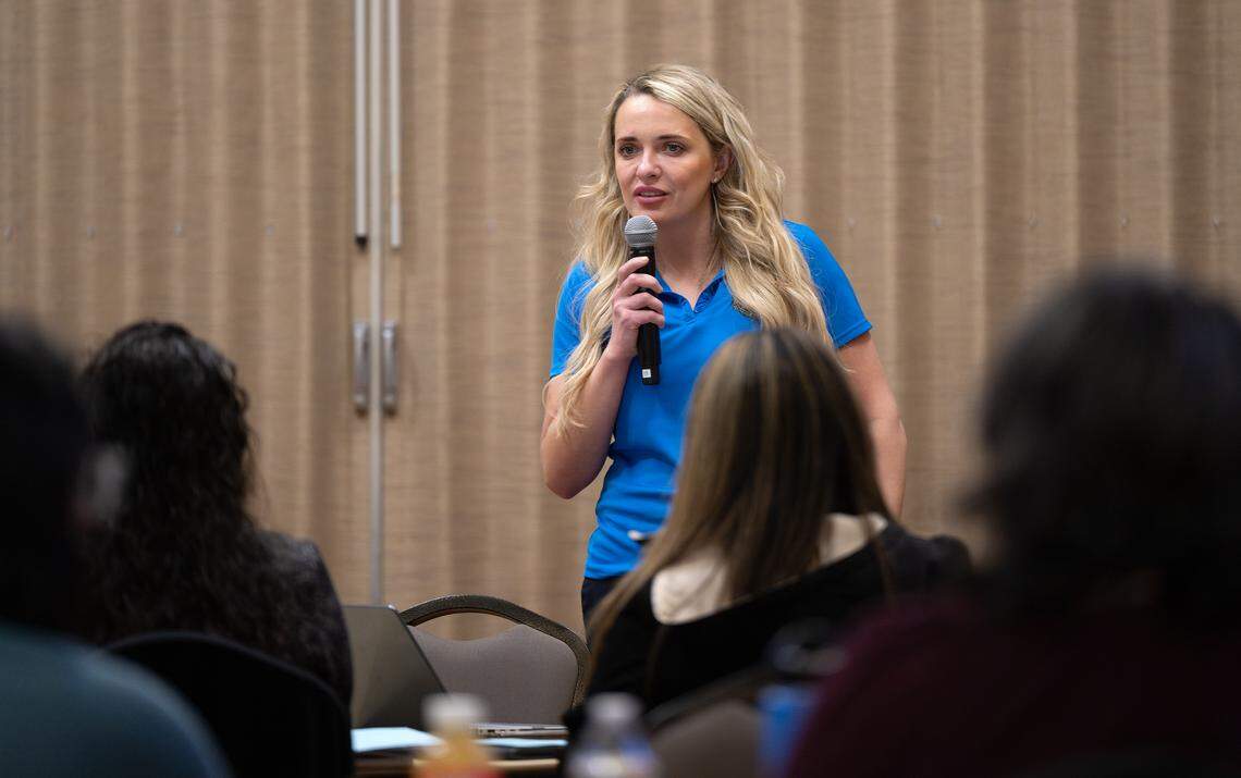 Deputy District Attorney Vita Palazuelos presents during a stalking awareness training session for law enforcement at the Ceres Community Center in Ceres, Wednesday, Jan. 7, 2026. 