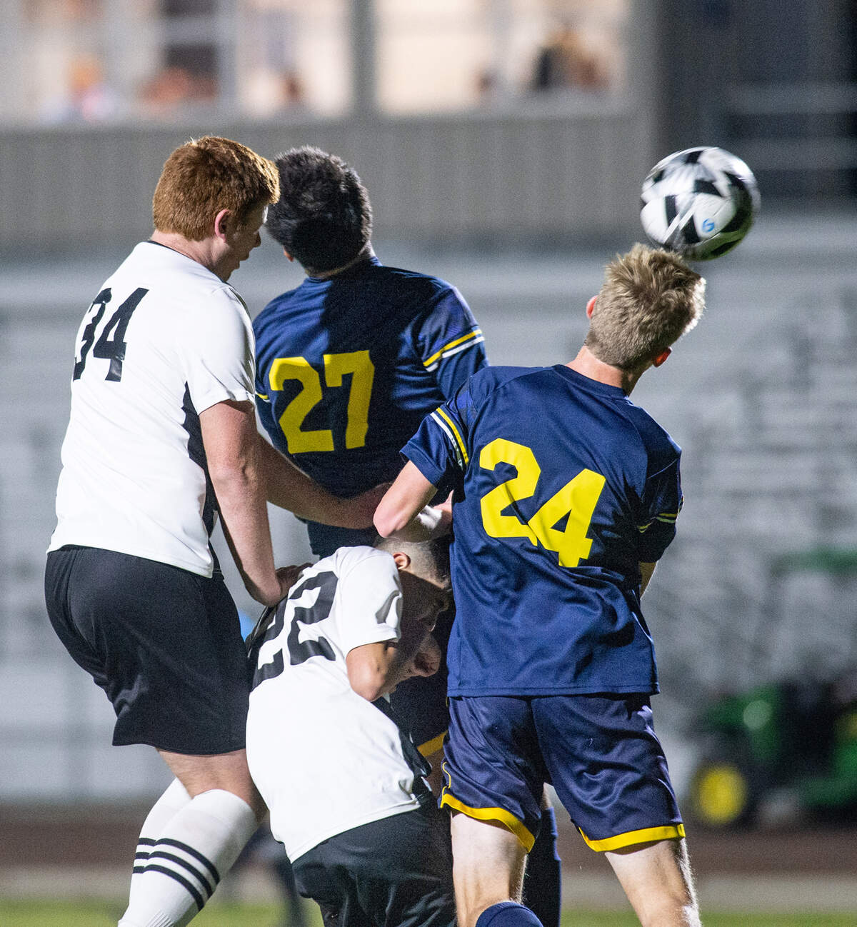 Modesto’s Jordan Hill (34) heads the ball in for a goal during the Central California Athletic League game with Gregori at Gregori High School in Salida, Calif., on Tuesday, Jan. 11, 2022. Modesto won the game 4-1.