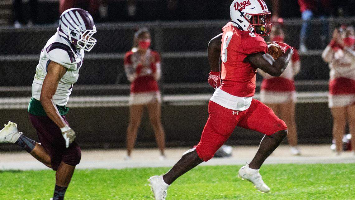 Ceres’ Tarrell Lee-Gill runs the ball in for a touchdown after making a catch during the Western Athletic Conference football game with Central Valley in Ceres, Calif., on Friday, April 2, 2021. Central Valley won the game 36-14.