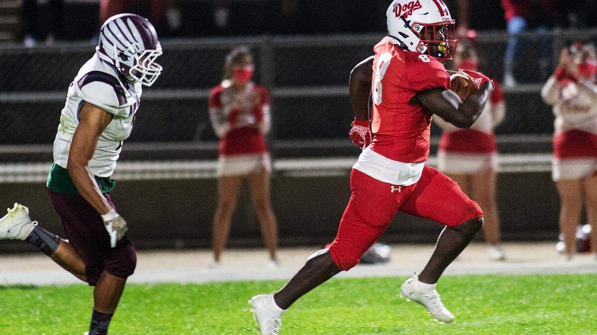Ceres’ Tarrell Lee-Gill runs the ball in for a touchdown after making a catch during the Western Athletic Conference football game with Central Valley in Ceres, Calif., on Friday, April 2, 2021. Central Valley won the game 36-14.