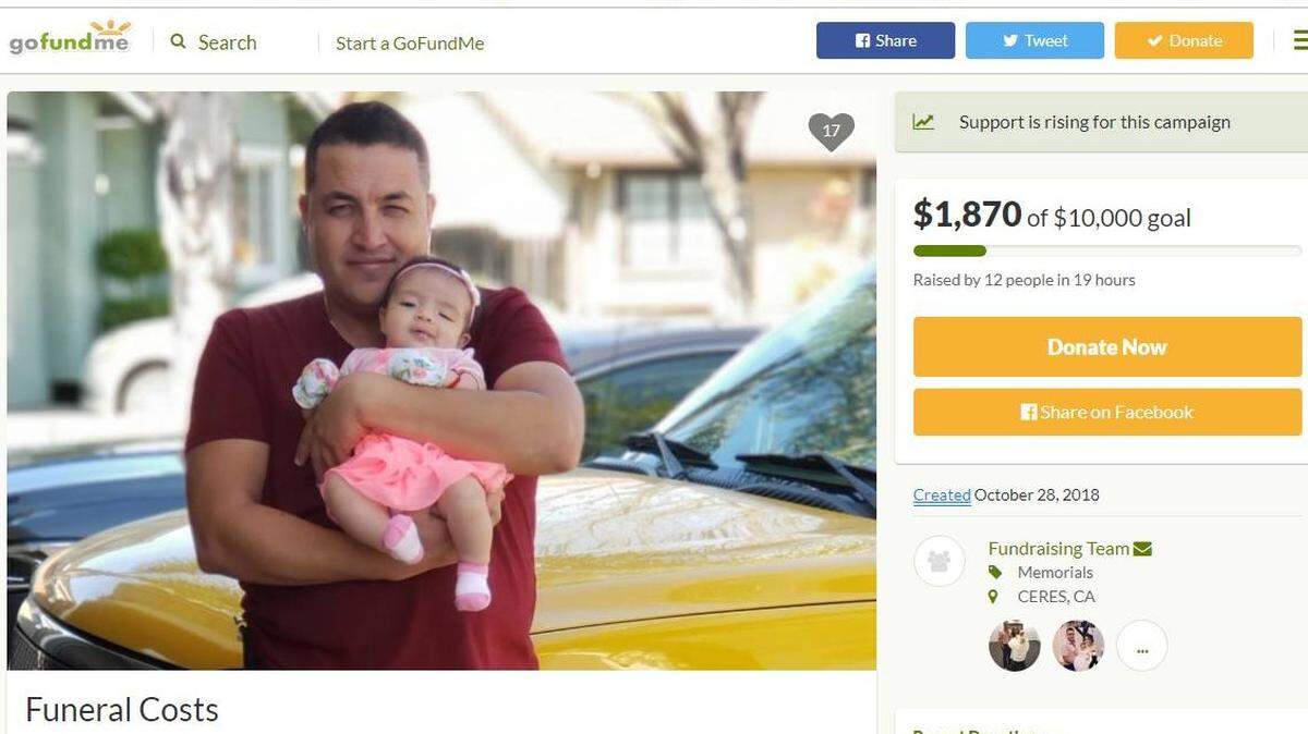 Hugo Alvarez is pictured with his child on the gofundme page set up to raise money for his funeral.