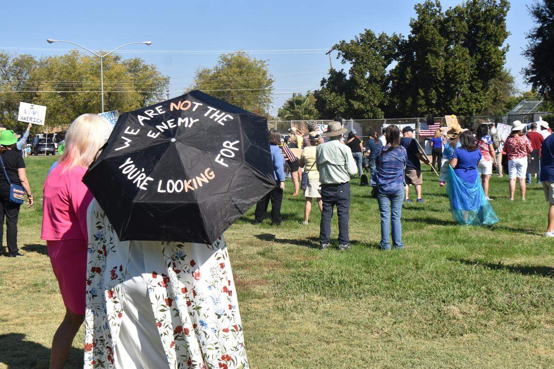 The second No Kings rally in Modesto this year was held in Standiford Park on Tokay Avenue in Modesto, Calif., on Saturday, Oct. 18, 2025. This protester is dressed as rebel Princess Leia of “Star Wars” and carries an umbrella that keeps with the theme.