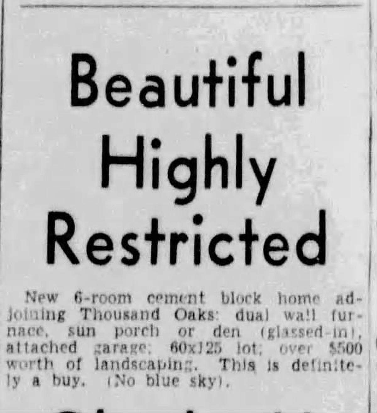 Advertisement for a racially restricted home featured in the Modesto Bee on Nov. 3, 1947.