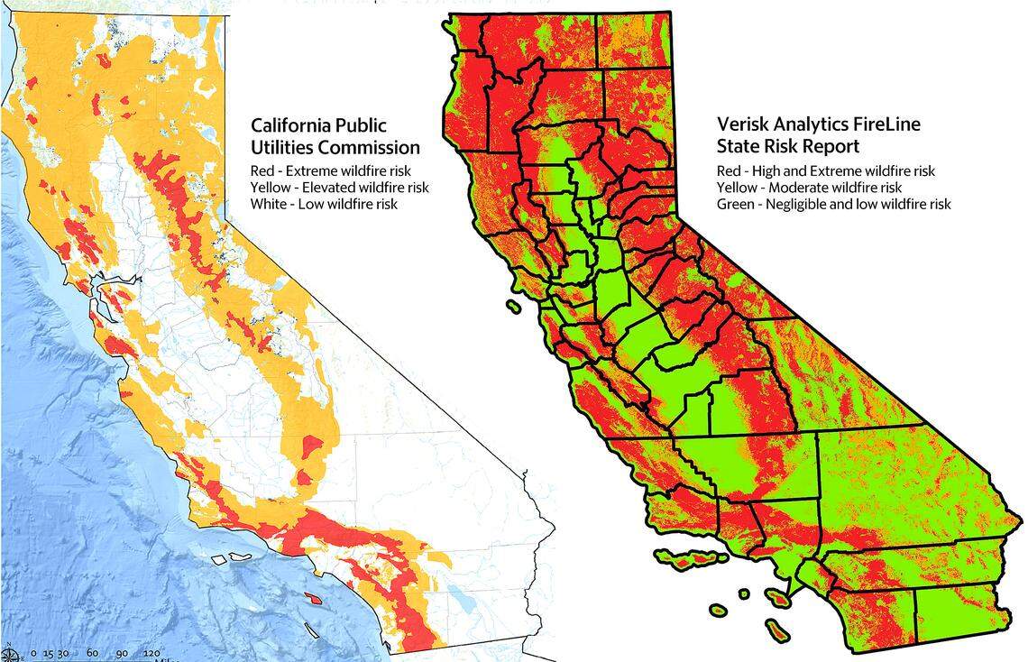 Here is a side-by-side look at different interpretations of wildfire risks. The map on the left is by the California Public Utilities Commision, which shows a far lower risk than that of Verisk Analytics, a model used by insurance companies when setting costs of policies.