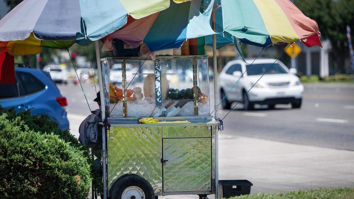 Street vendor outside the Target store on McHenry Avenue in Modesto, Calif., Tuesday, Aug. 6, 2024.