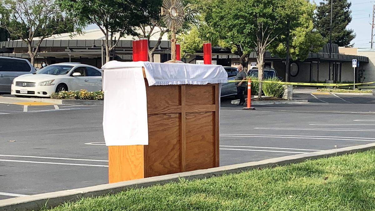 The monstrance displayed Monday, May 4, 2020, at St. Joseph’s Catholic Church in Modesto for drive-up adoration.