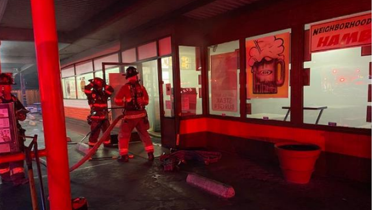A fire at the A&W restaurant in downtown Modesto on Wednesday, April 13, 2022.