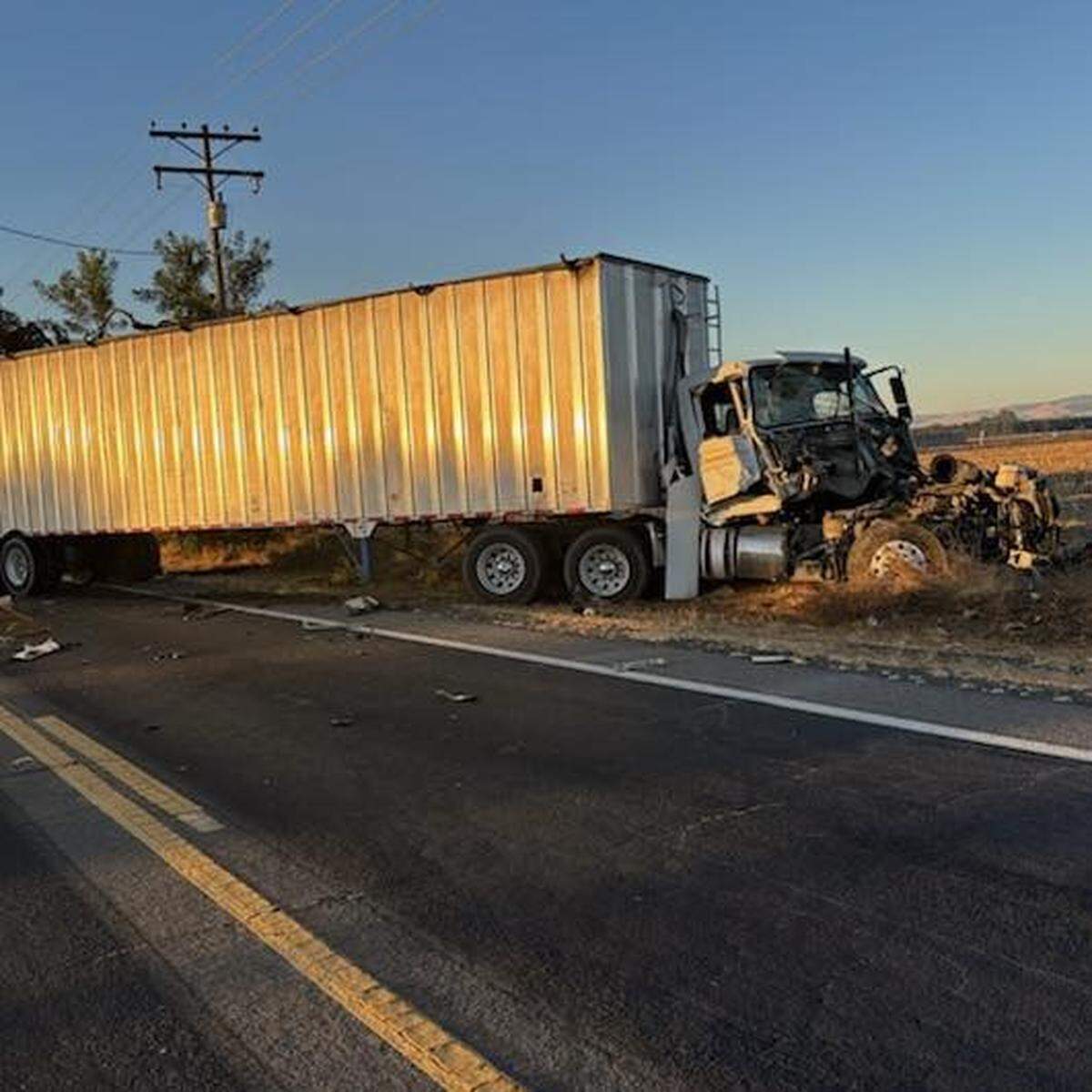 Destruction of a big-rig that collided with a school bus near Turlock, CA on Tuesday, Oct. 15, 2024.