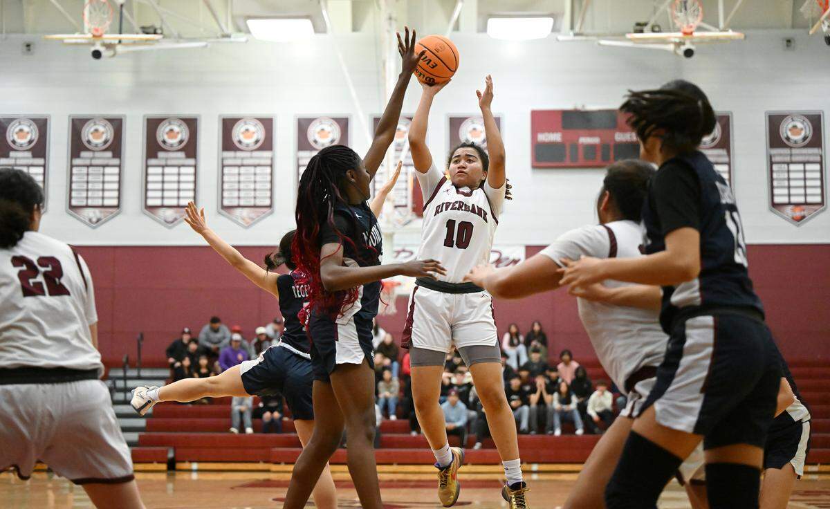 Riverbank’s Chancis Gamez scored 25 points to lead all players in the CIF Northern California Division IV playoff game with Notre Dame at Riverbank High School in Riverbank, Calif., Thursday, Feb. 29, 2024.
