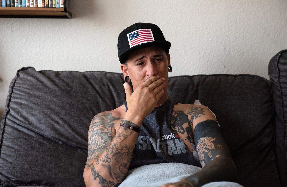 Casey Rich recalls thinking of his family as he was losing blood after being stabbed 10 times by a DoorDash driver at a McDonald’s restaurant in Ceres, Calif. He is recovering from his wounds at his home on Thursday, August 4, 2022.