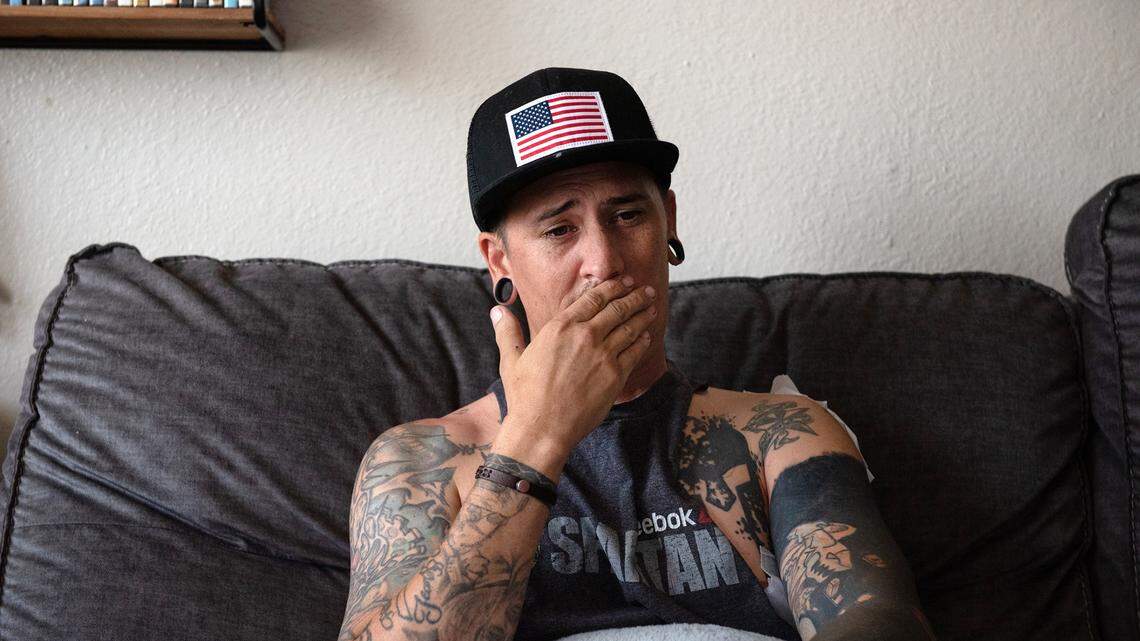 Casey Rich recalls thinking of his family as he was losing blood after being stabbed 10 times by a DoorDash driver at a McDonald’s restaurant in Ceres, Calif. He is recovering from his wounds at his home on Thursday, August 4, 2022.