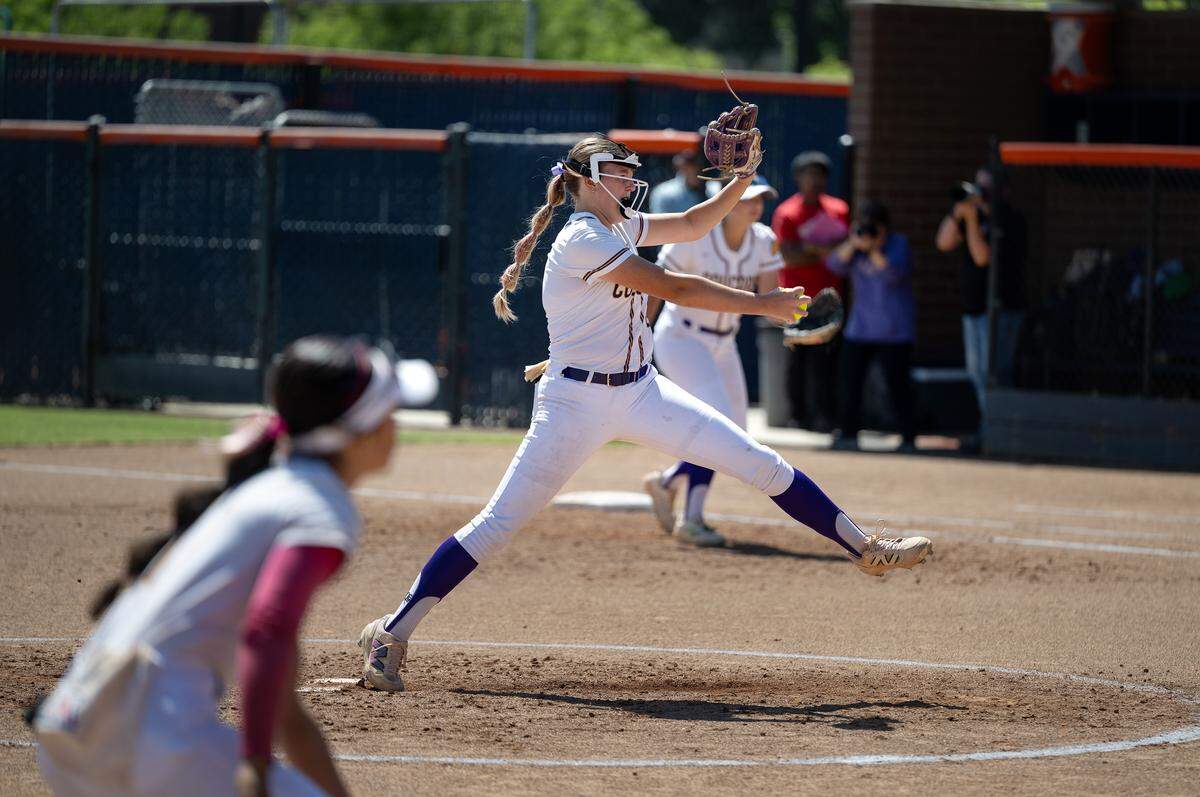 Escalon pitcher Tenley Adams delivers to the plate during the Sac-Joaquin Section D-V softball championship game with Casa Roble at Cosumnes River College in Sacramento, Saturday, May 23, 2026.