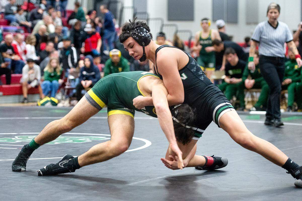 Pitman’s Jeremiah Mora wrestles during D2 team final with Tracy in the Sac-Joaquin Section wrestling championships at Lincoln High School in Stockton, Calif., Saturday, Jan. 28, 2023.