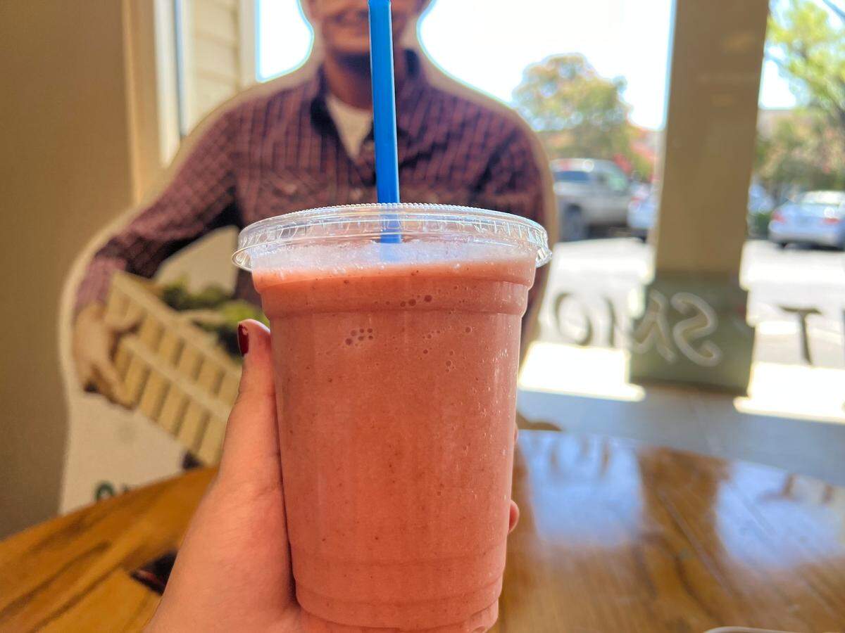 The 16-ounce Strawberry Fields smoothie is priced at $7.49 and crafted with apple juice, strawberries and bananas.
