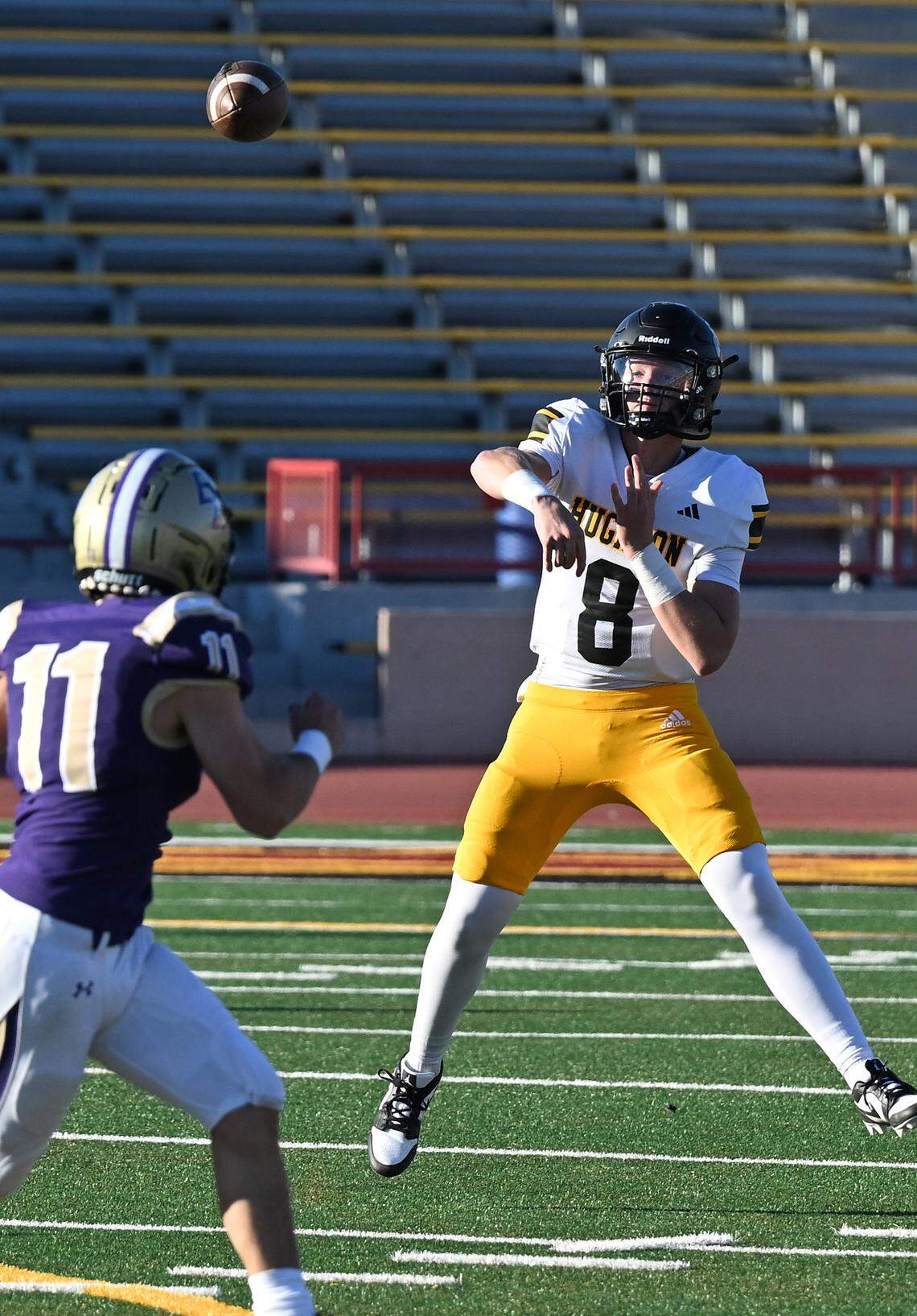 Hughson quarterback Robert McDaniel makes a pass during the Sac-Joaquin Section Division VI championship game with Bradshaw Christian at Sacramento City College in Sacramento, Calif., Saturday, Nov. 25, 2023.