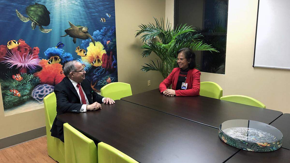 Antoun Manganas, medical director of Doctors Behavioral Health Center, and Daljit Grewal (right), director of patient care services are pictured in a therapy room of the new outpatient mental health program at DBHC in Modesto, Calif. on Wednesday January 16, 2019.