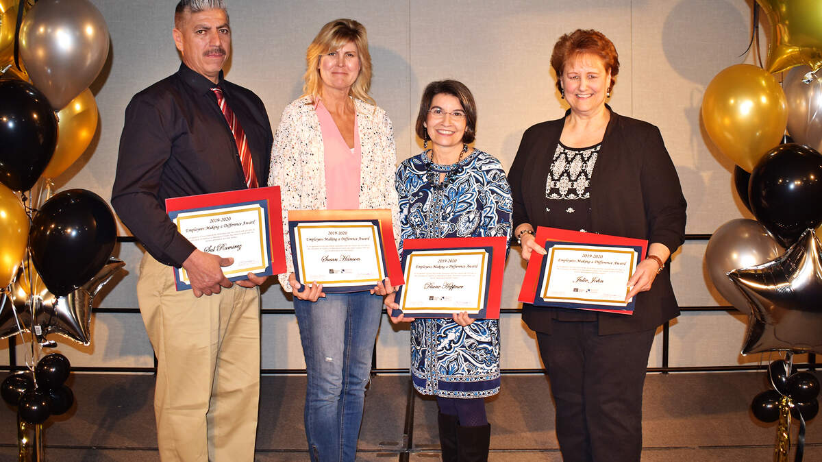 Stanislaus County’s winners of the Classified School Employee of the Year awards include, from left, Sal Ramirez, Susan Hanson, Diane Heppner and Julie John. Another winner, Laura Gordon, could not attend the ceremony on Jan. 22, 2020.