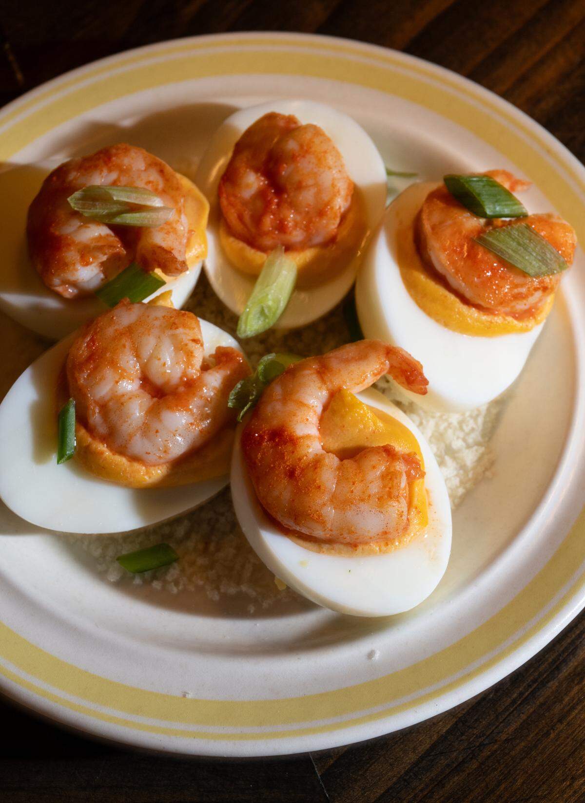 Deviled eggs with spicy shrimp at Lo-Fi Laboratories artisan cocktail lounge in Modesto, Calif., Wednesday, Aug. 23, 2023.