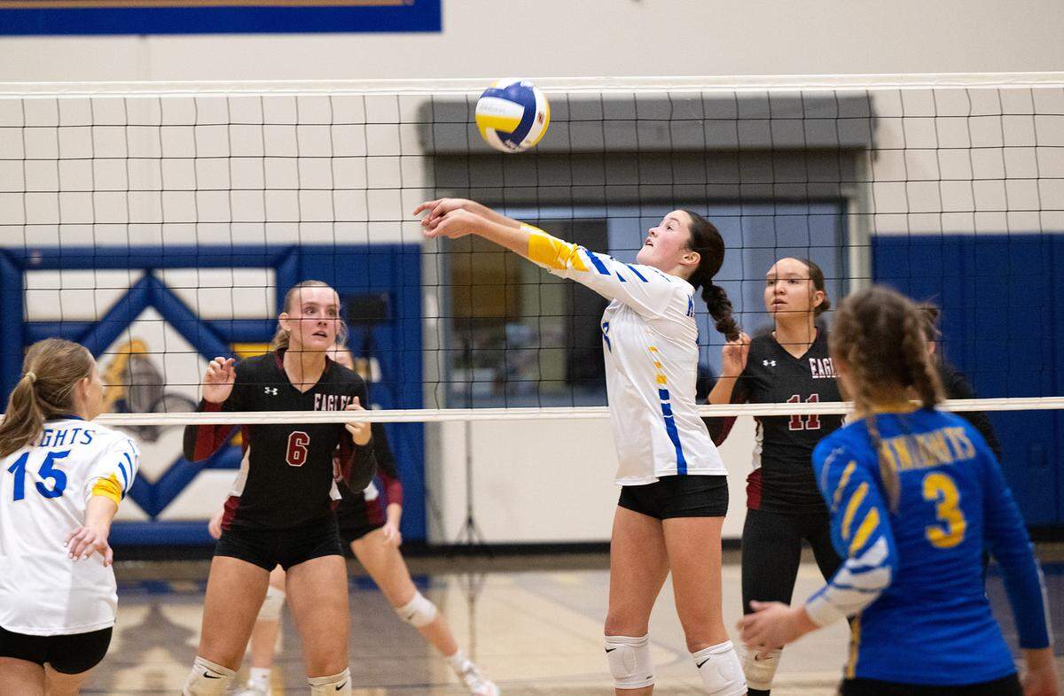 Ripon Christian’s Alanna Blanco sets the ball for Haley Kootstra during the CIF State Division 4 playoff game with West Valley of Cottonwood at Ripon Christian High School in Ripon, Tuesday, Nov. 12, 2024.