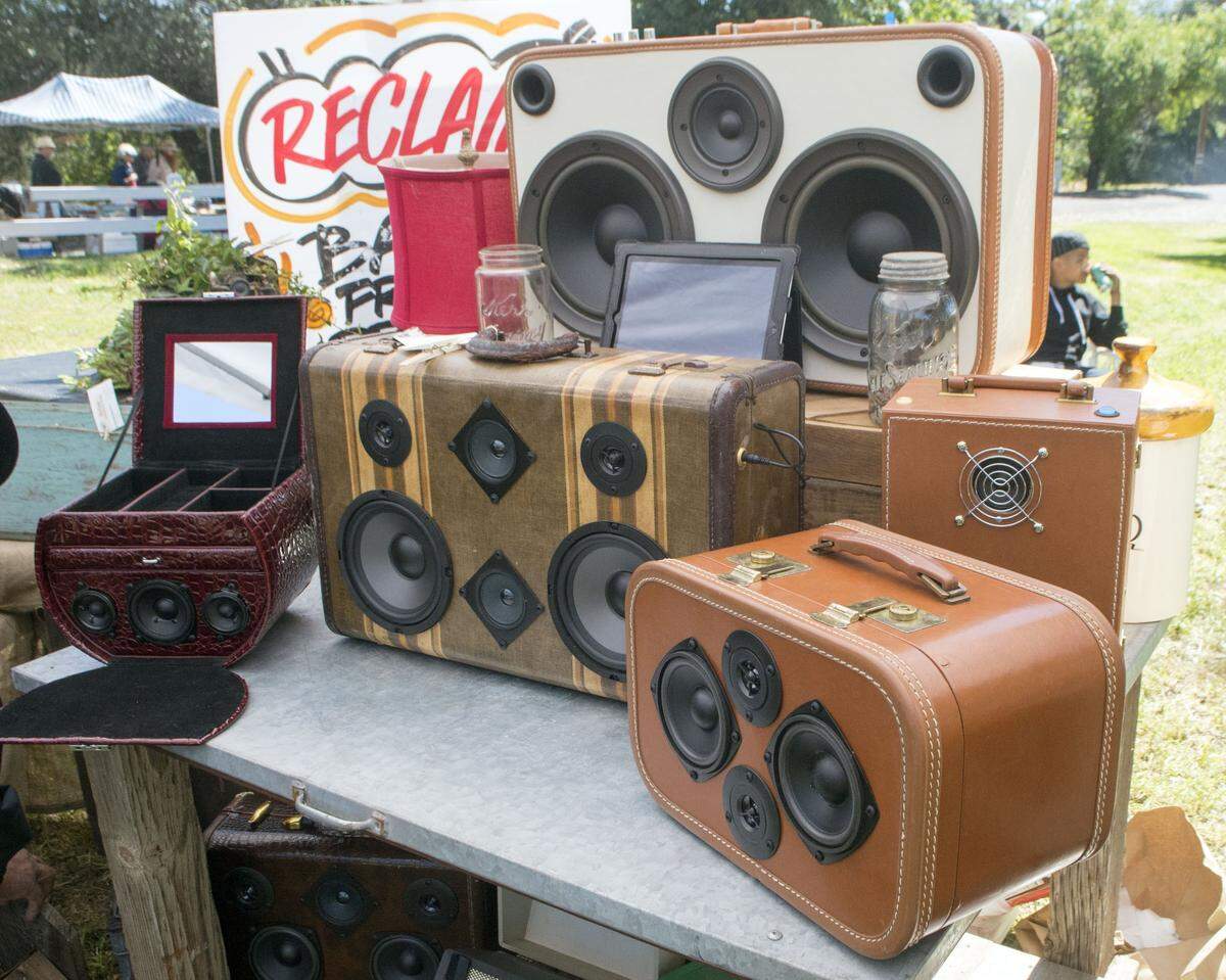 Old suitcases are repurposed as speakers at the Knights Ferry Gold Country Peddler’s Faire in Knights Ferry on April 26th, 2015. 