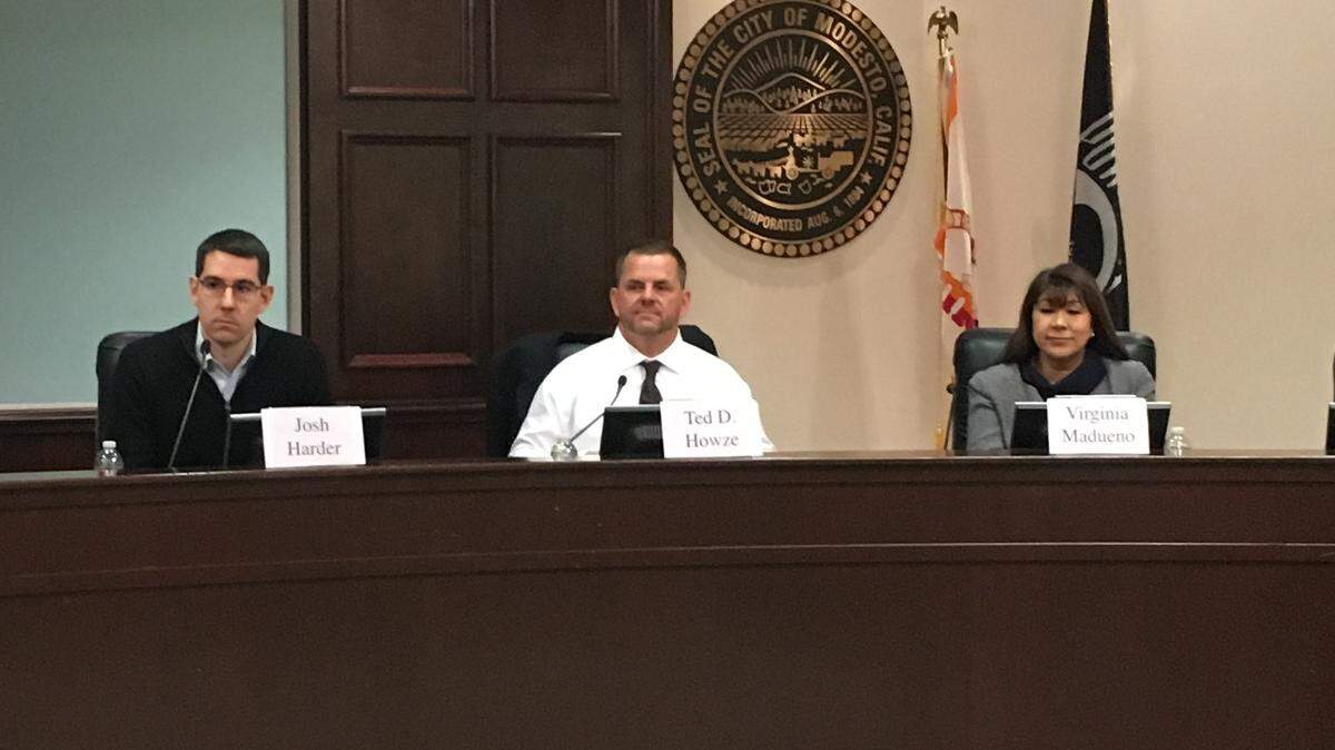 Candidates for 10th Congressional District, l-r: Mike Barkley, Michael Eggman, Josh Harder, Ted Howze, Virginia Madueño and Sue Zwahlen, at an April 18, 2018 debate hosted by the League of Women Voters of Stanislaus County in Modesto.