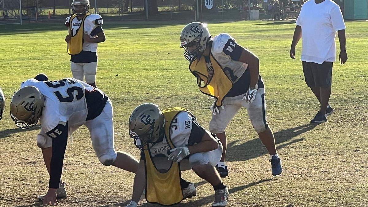 Central Catholic’s Benny Padilla lines up at linebacker at practice on Wednesday, Oct. 19, 2022, as the Raiders prepare for a game against Manteca.