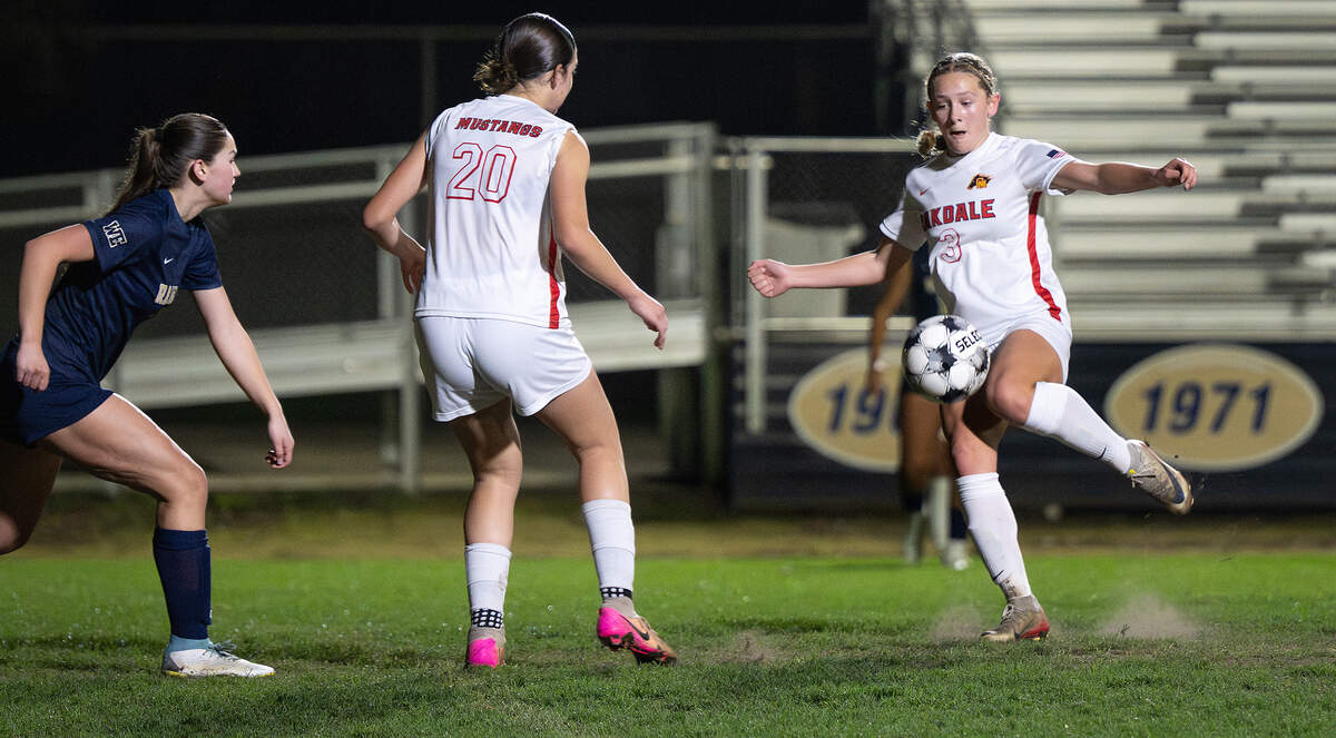 Oakdale’s Skyler Burford (3) scores a goal during the Valley Oak League match with Central Catholic at Central Catholic High School in Modesto, Wednesday, Jan. 28, 2026. Oakdale won the match 4-1.
